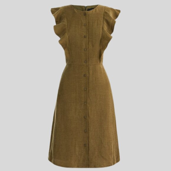 J. Crew Ruffle-sleeve linen-cupro blend dress size 8 Tall Olive Green NWT - Picture 2 of 9
